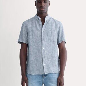 Everlane Men's Classic Short-Sleeve Shirt in Linen in White/Blue, Size Medium